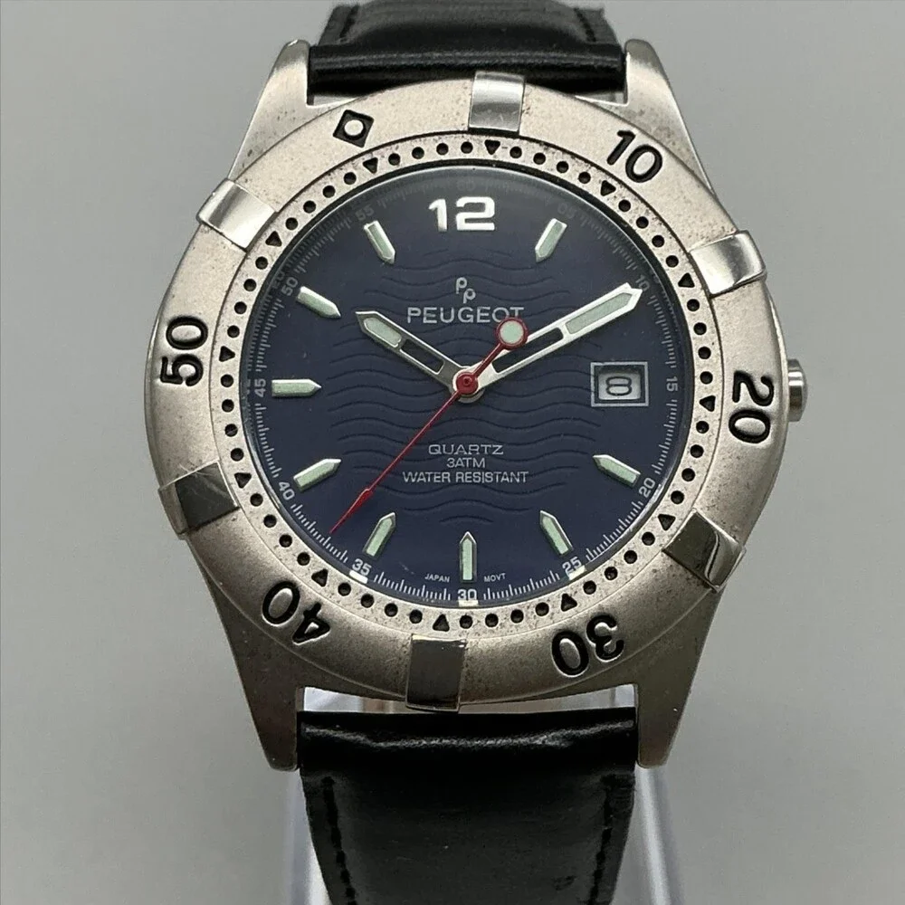 Peugeot Mens Watch Blue Dial Black Leather Diver Date Rotating Bezel New Battery